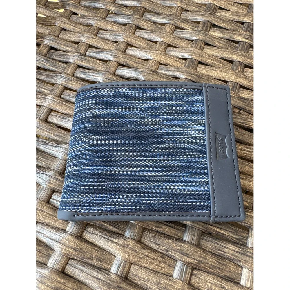 Levis Mens Bifold Wallet Blue Space Dye Textile ID Window Slim Card Holder